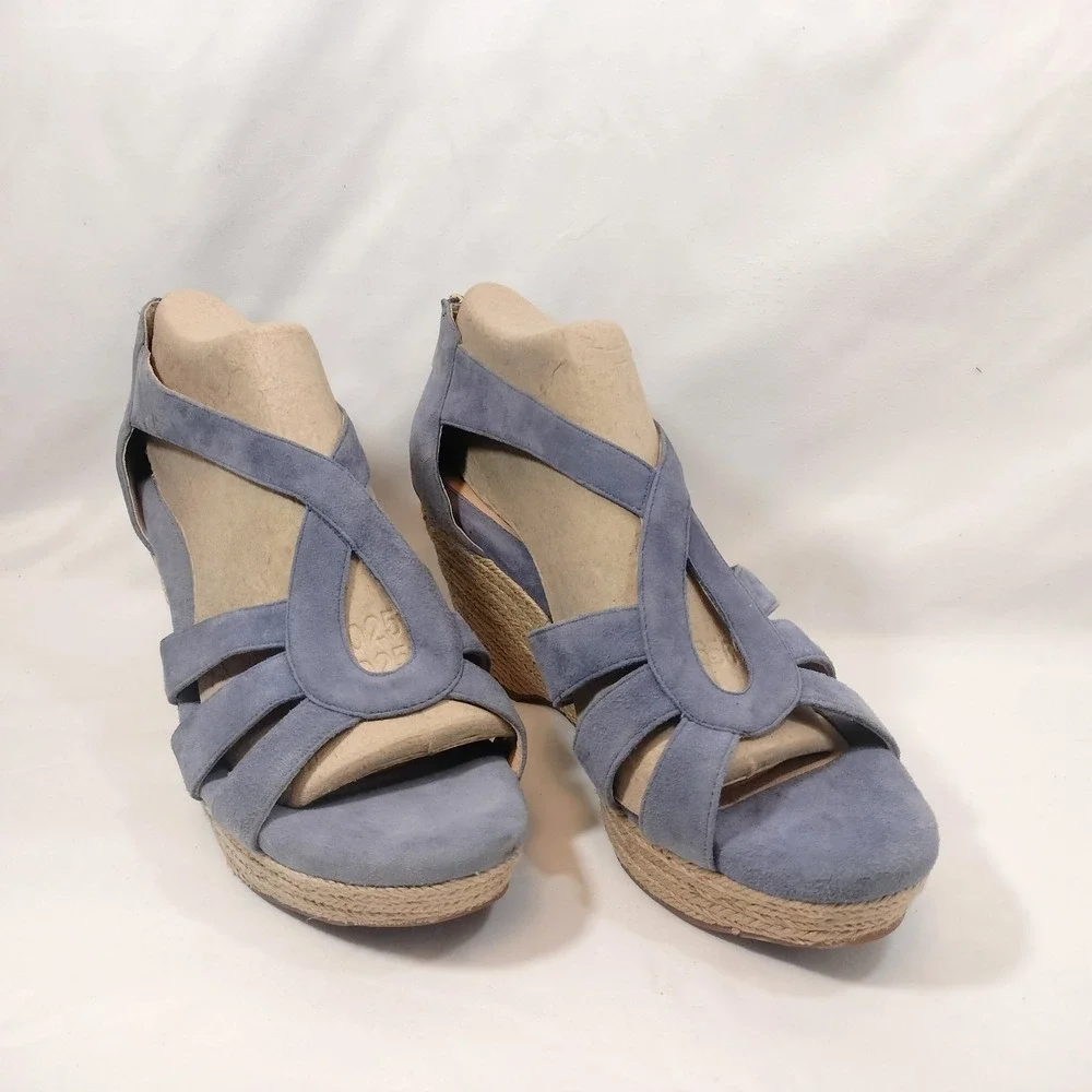 Sofft Blue Espadrille Wedge Sandals; Strappy Suede Leather Open Toe Back Zip